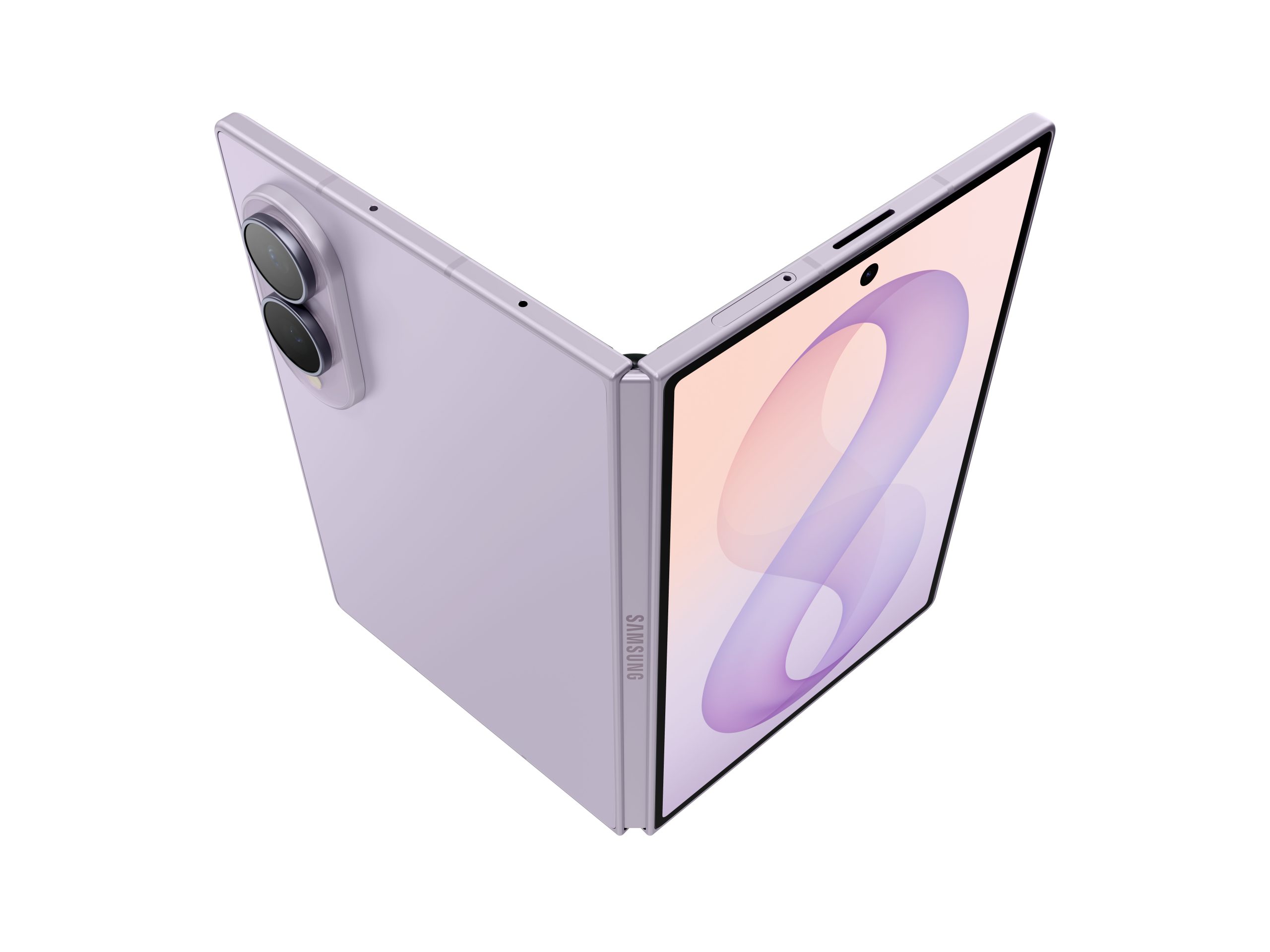 ラベンダーのGalaxy Z Fold8を途中まで開き、背面と主画面を見せた公式製品画像